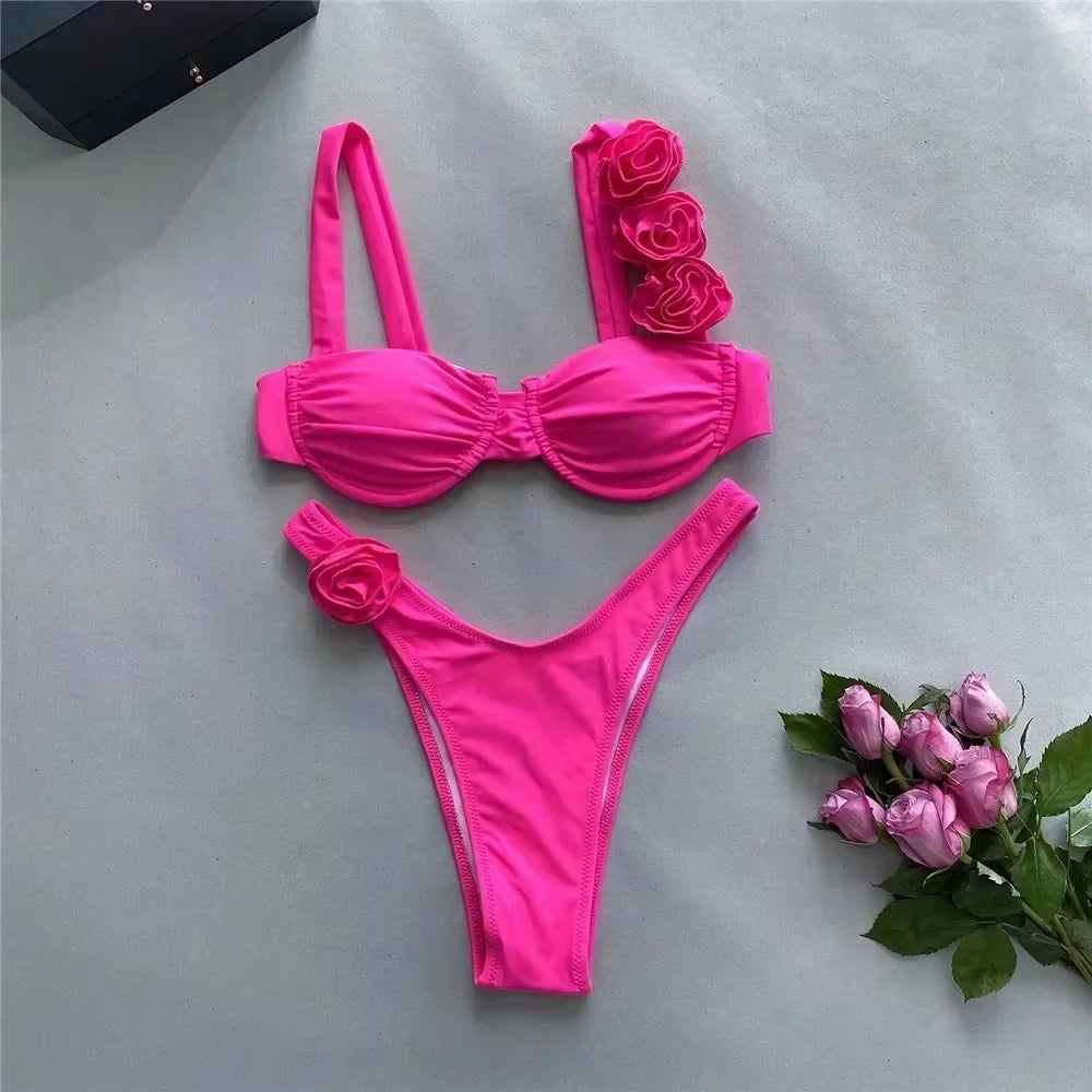 Sexy Flower Shiny Pink Push up Bikini 2024 Women Swimwear Underwired Swimsuit High Cut Bathing Suit Wrinkled Bikinis Set Biquini