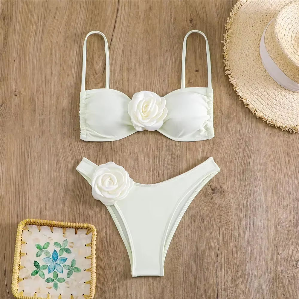 Sexy Flower Bandeau Swimwear Thong Bikini 2024 Women Lace-Up Swimsuits Swimming Bathing Suit Brazilian Bikinis Set Mujer Biquini