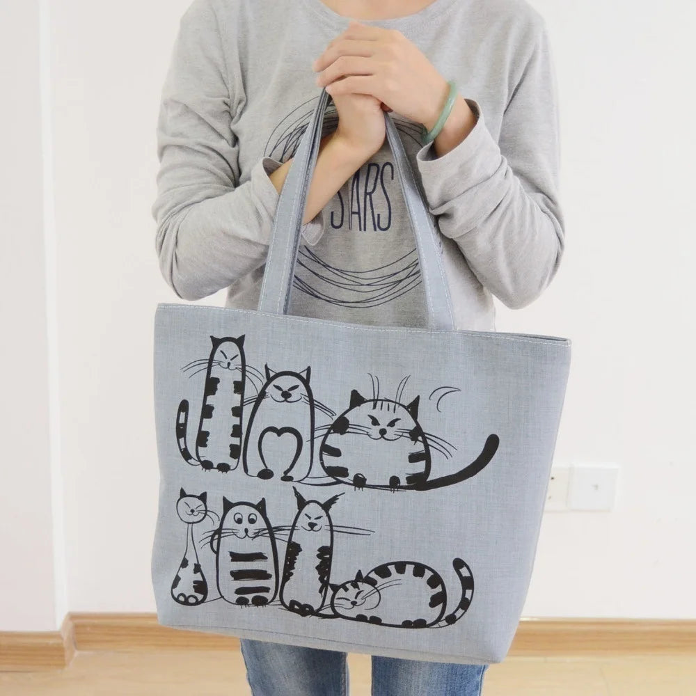 Cartoon Cats Printed Beach Zipper Bag Women Fashion Canvas Tote Shopping Handbags