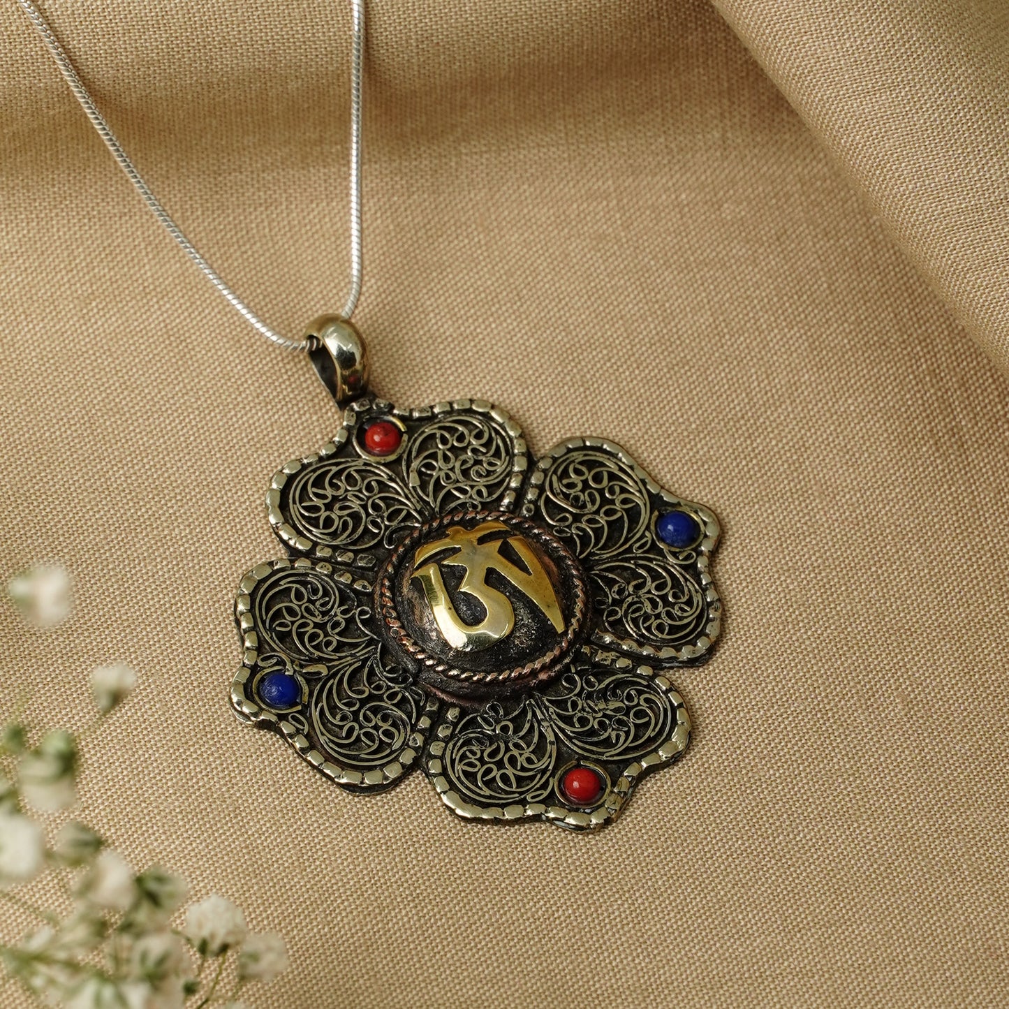 Boho Pendant with Coral, and Lapis Lazuli, Handmade Tibetan Jewelry