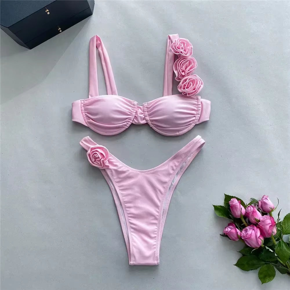 Sexy Flower Shiny Pink Push up Bikini 2024 Women Swimwear Underwired Swimsuit High Cut Bathing Suit Wrinkled Bikinis Set Biquini