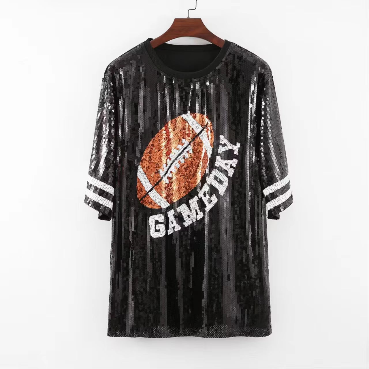 Stock Fast Ship White and Black Jersey Sequined T-Shirt Dress Top Women'S round Neck Long Sleeved Sequin Game Day Sequin Dress