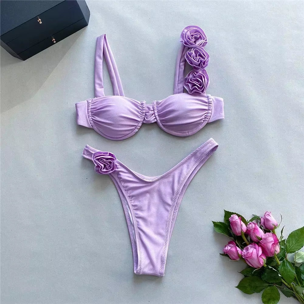 Sexy Flower Shiny Pink Push up Bikini 2024 Women Swimwear Underwired Swimsuit High Cut Bathing Suit Wrinkled Bikinis Set Biquini