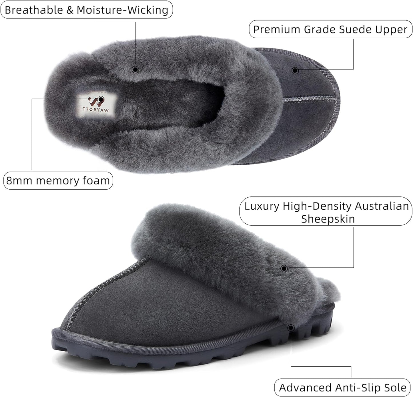 Genuine Australian Sheepskin Women Slippers, Water-Resistant Warm and Fluffy Outdoor House Slippers for Women